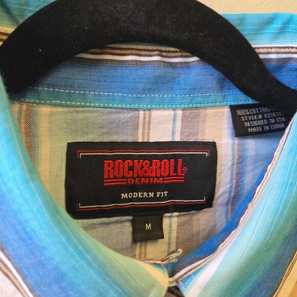 Rock & Roll Denim Pearl Snap Mens Modern Fit Western Striped Button-Down Shirt M - Picture 3 of 9